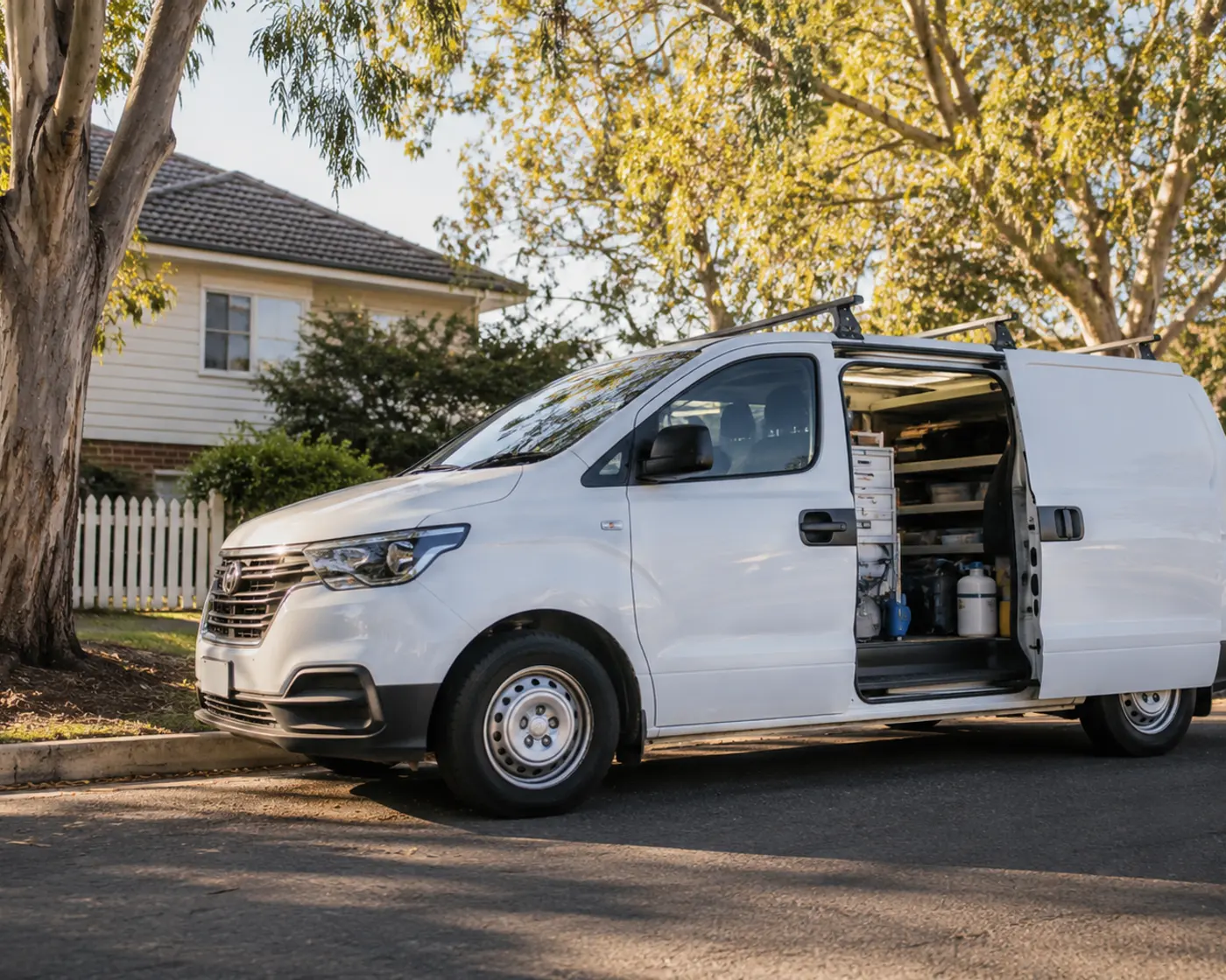 The technician at the open door of a work van on a coastal street