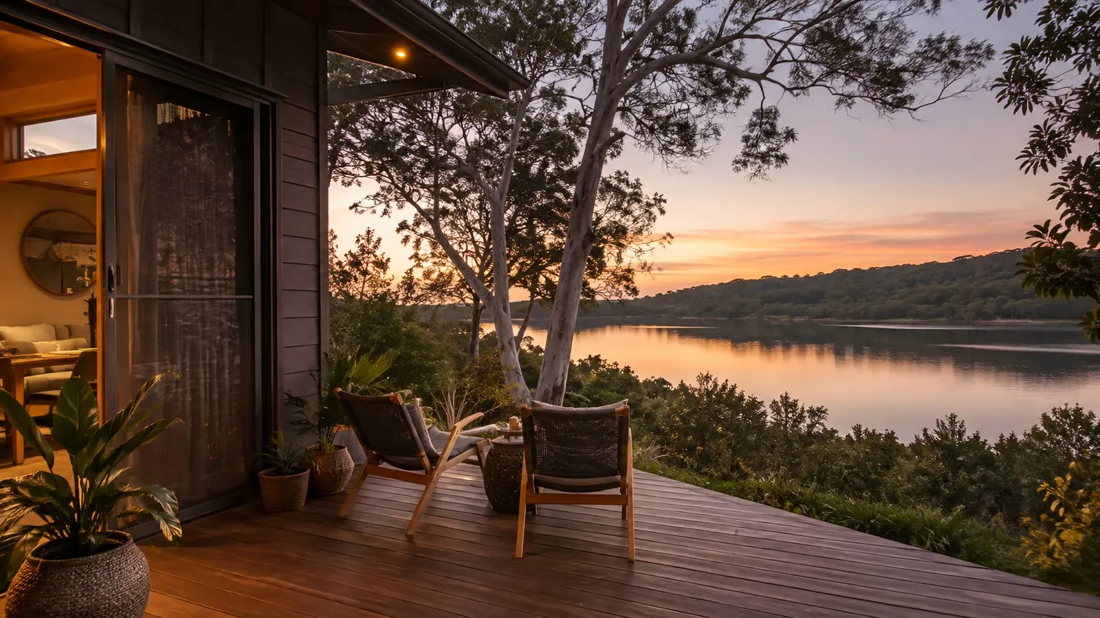 An Australian back yard at dusk, deck and seating with the lawn beyond
