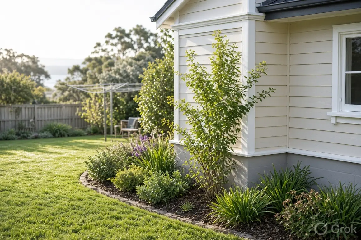 The perimeter of a coastal home — weatherboard, garden bed and subfloor vents